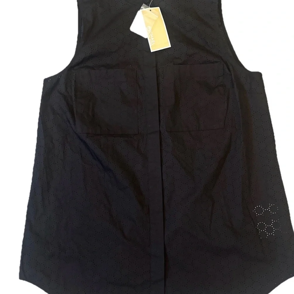 Michael Kors M Black Shirt Sleeveless Eyelet 100% Cotton Button Down NWT $94